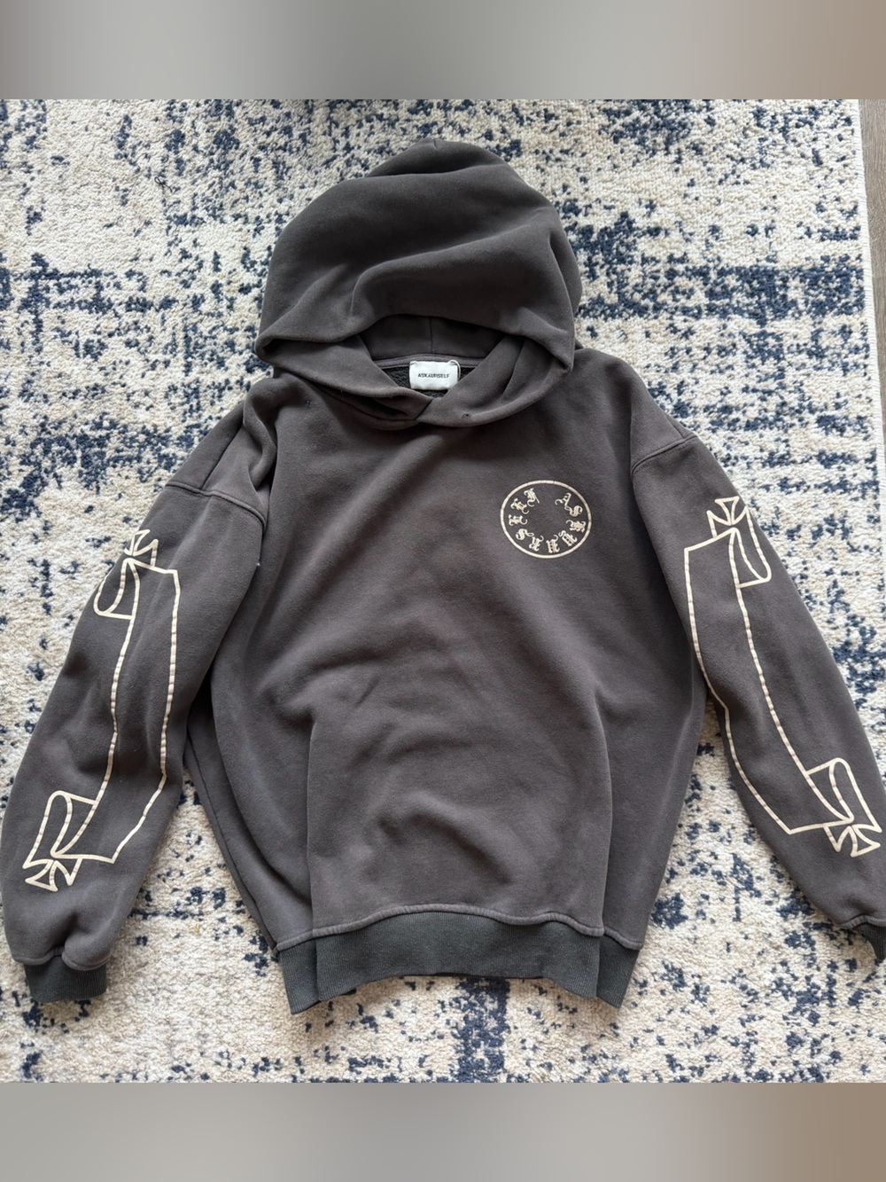 ASKYURSELF Charcoal Graphic Pullover Hoodie with Sleeve Banner Design